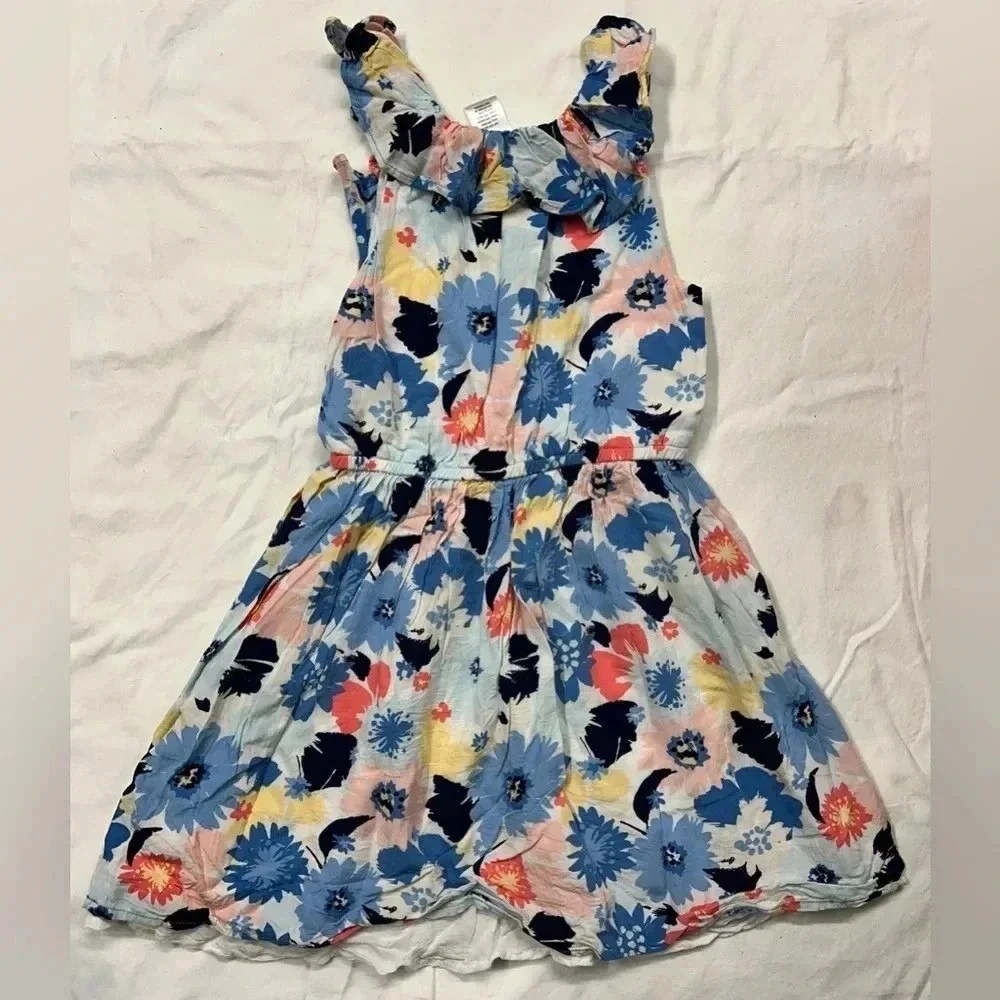 Gymboree Floral Dress Girls 6 Blue Coral‎ Excellent Ruffle Sleeve Rayon Summer